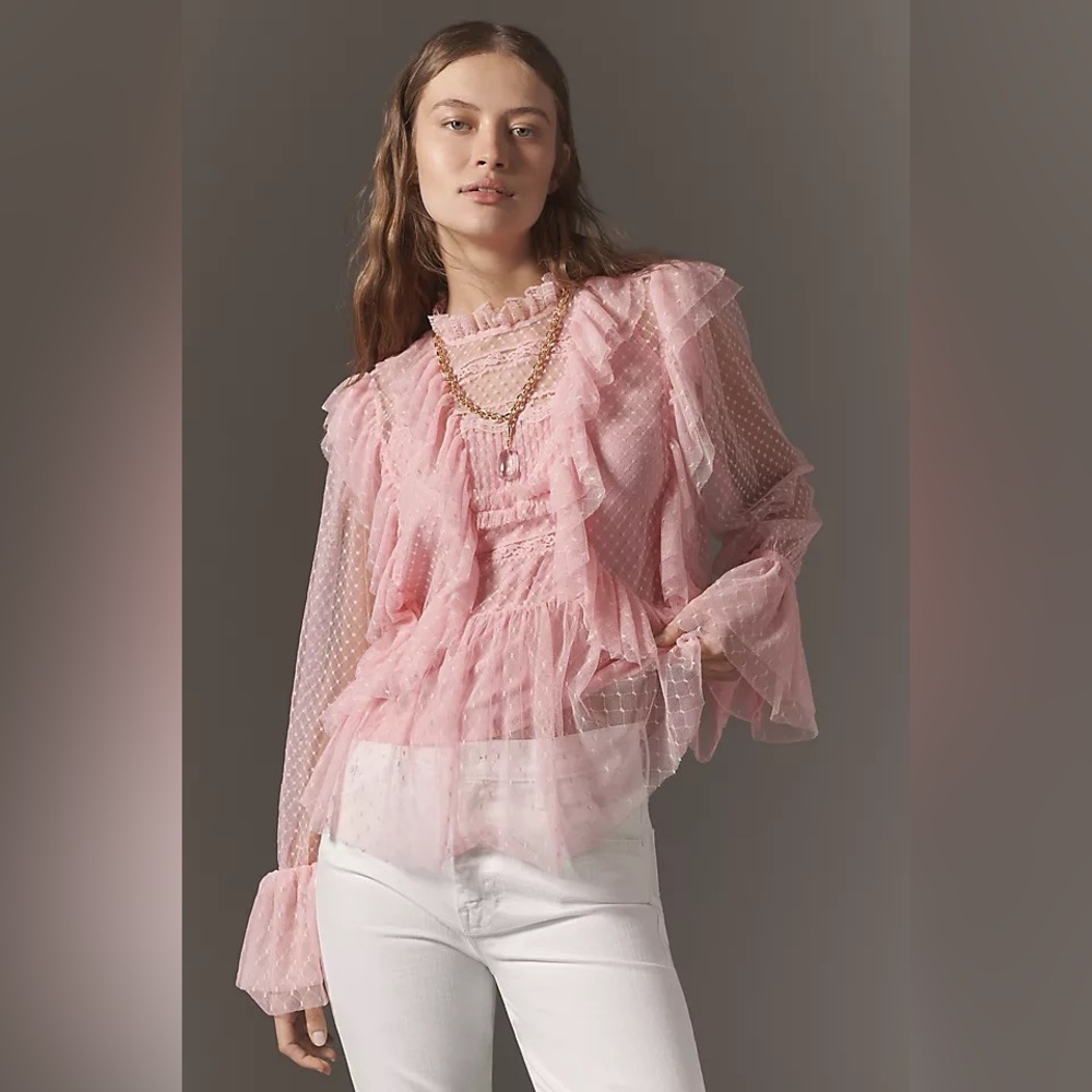 Anthropologie Pink Long Sleeve Ruffle Blouse Fairy Boho Cottagecore Medium